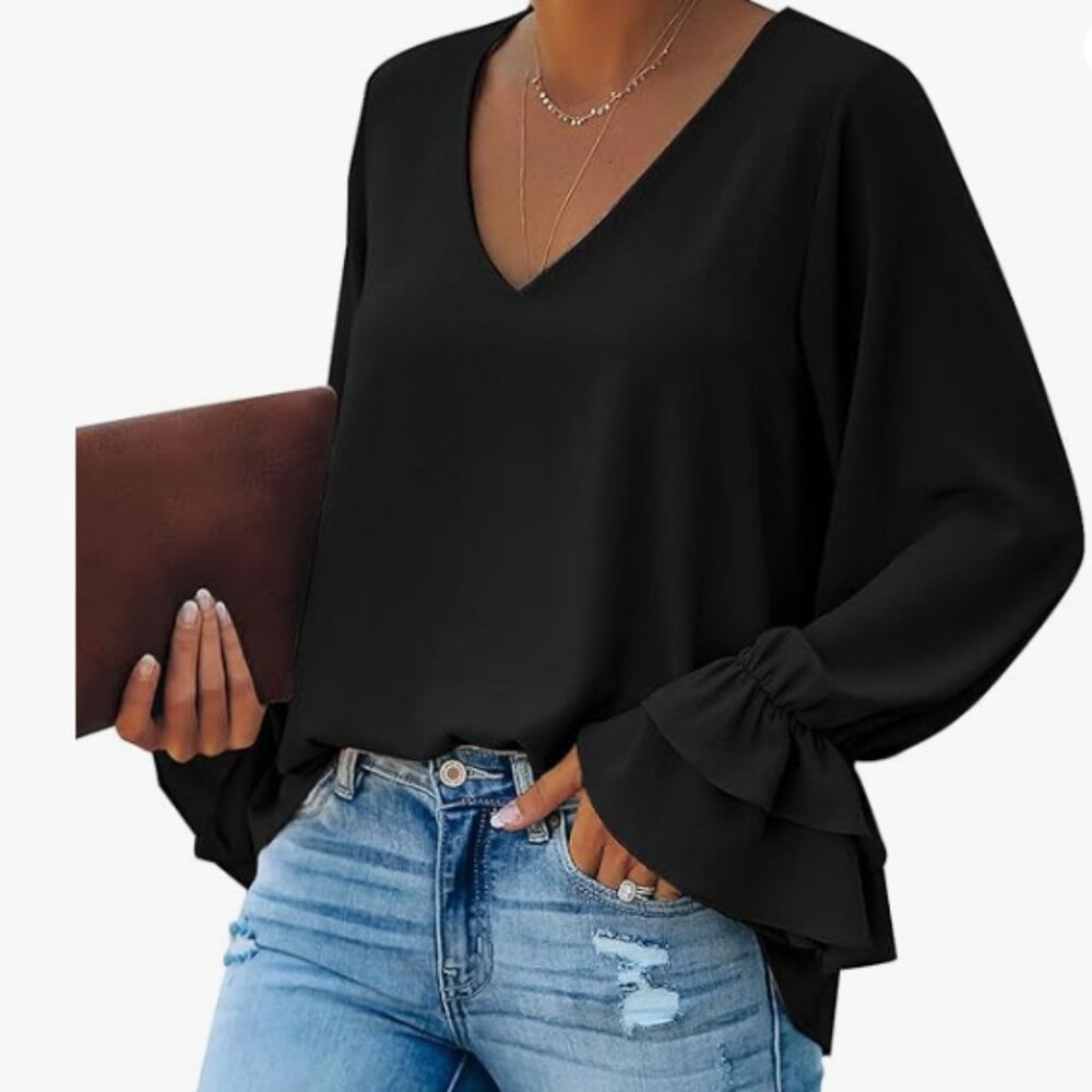 V Neck Ruffled Long Bell Sleeve Blouse - Black (US 4-6) - VETINEE